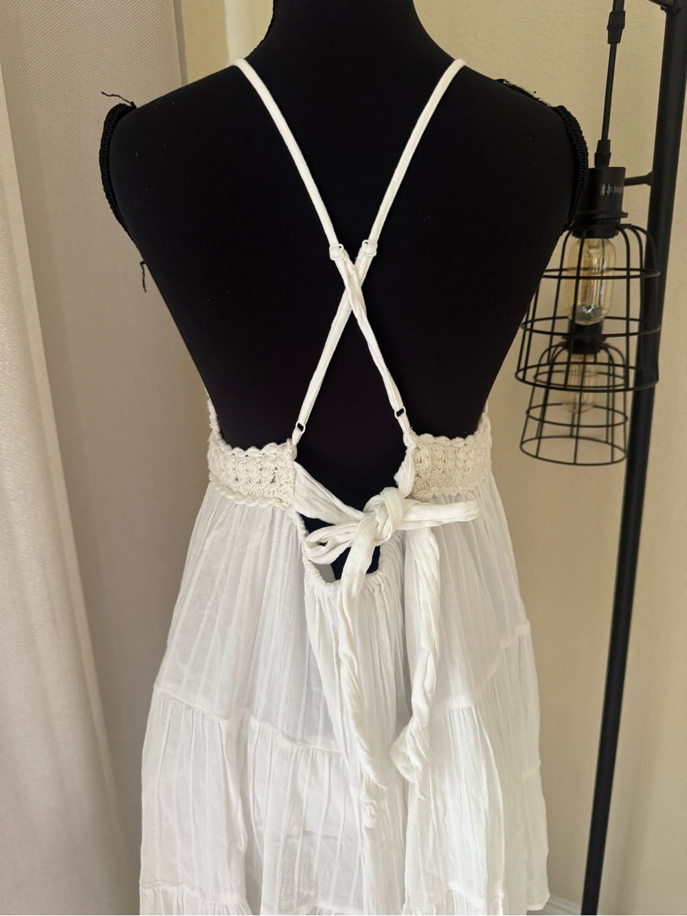Aerie White Crochet Mini Dress XL Boho Cottagecore Tiered Sundress - Picture 8 of 9